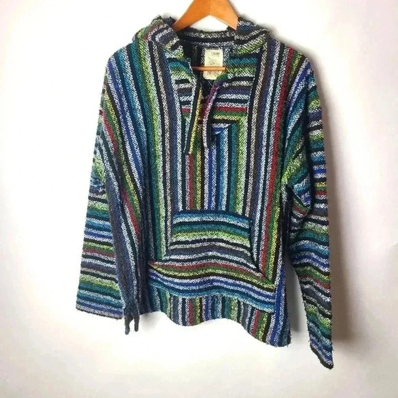 Vintage Tops - Rasta Rainbow Stripe Drug Rug Hoodie Poncho - XL